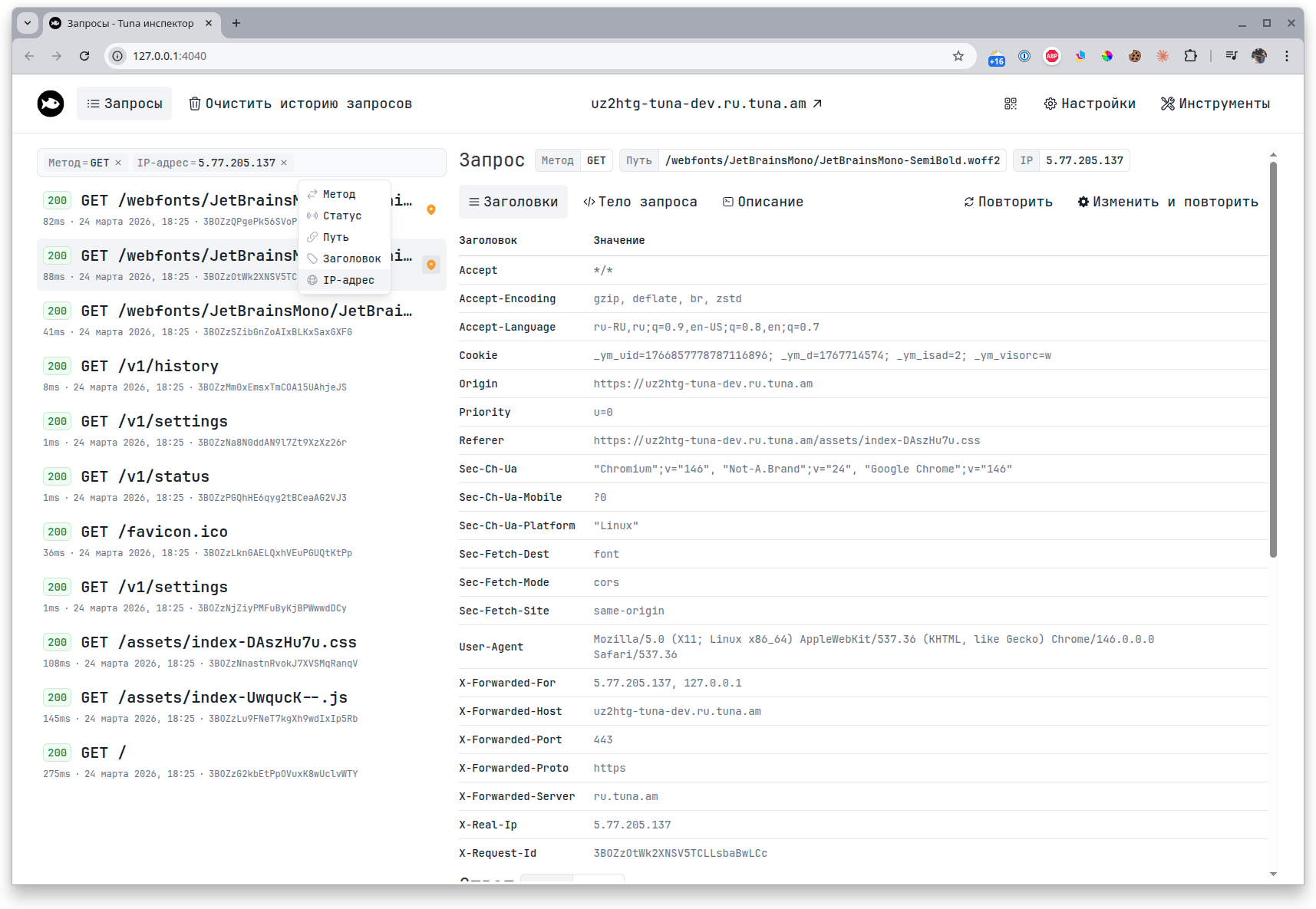 Фильтры в инспекторе запросов