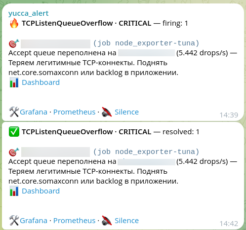Telegram: алерт TCPListenQueueOverflow с советом поднять net.core.somaxconn и сообщение о том, что он погас