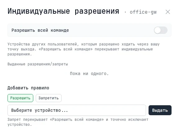 Окно «Индивидуальные разрешения»: переключатель «Разрешить всей команде» и выдача разрешения или запрета устройству