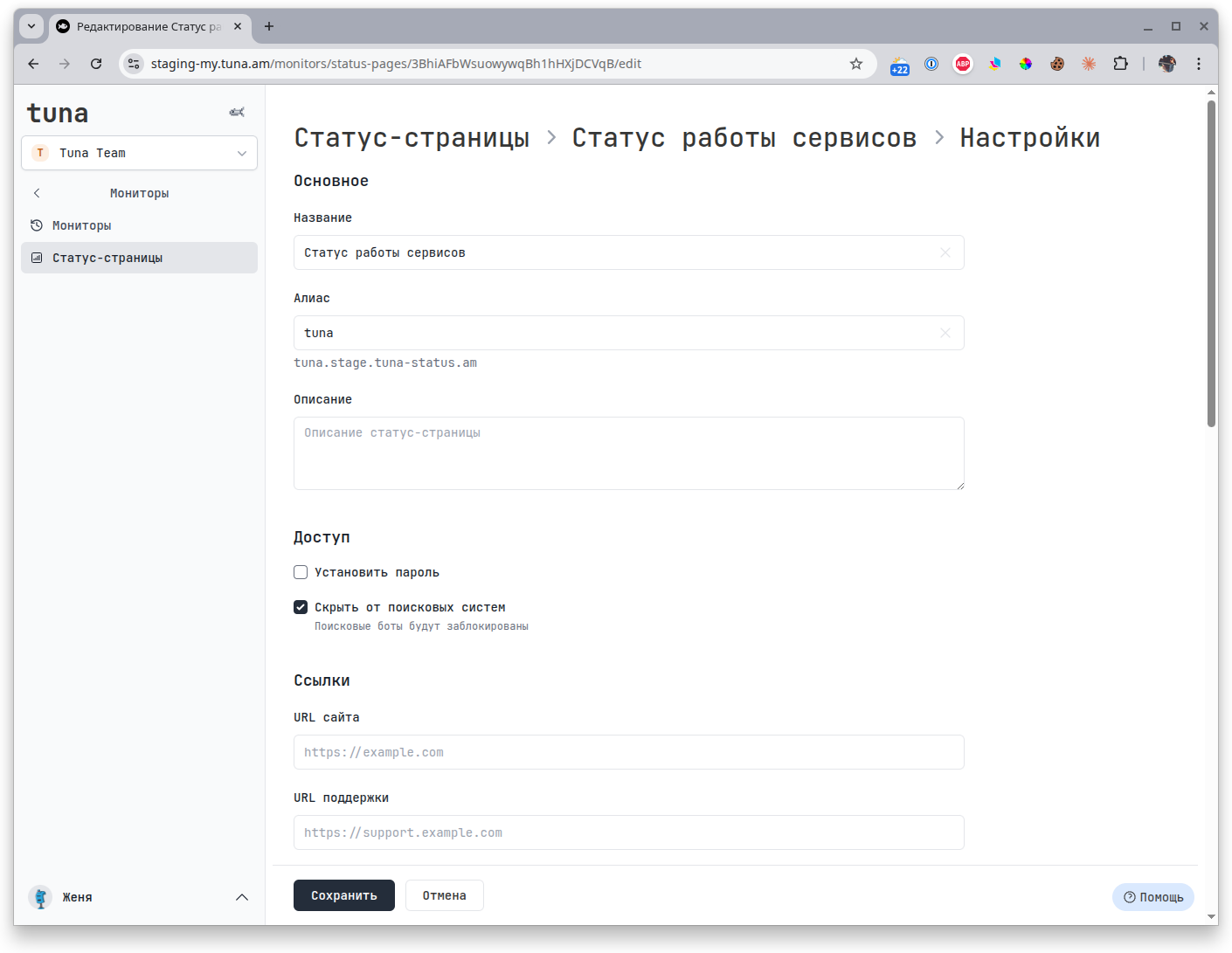 Basic status page settings: name, alias, description, access, links