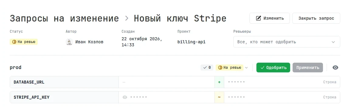 Блок prod на ревью: новые и изменённые секреты, кнопки «Одобрить» и неактивная «Применить»