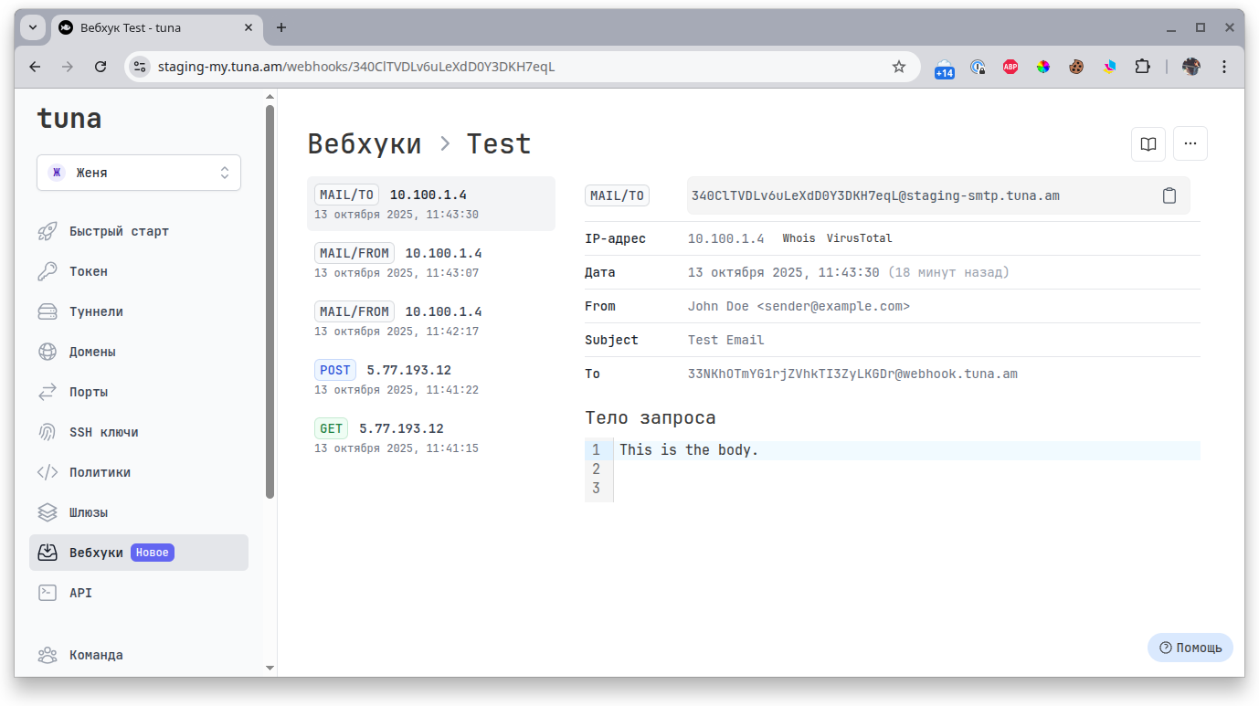 Скриншот SMTP Вебхуки